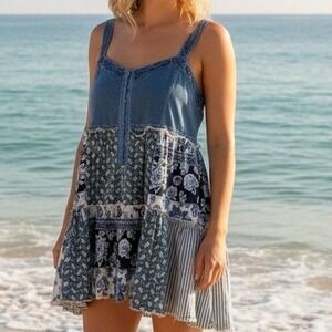 Free People Patchwork Cami Top Womens Large Blue Floral  Boho NWT